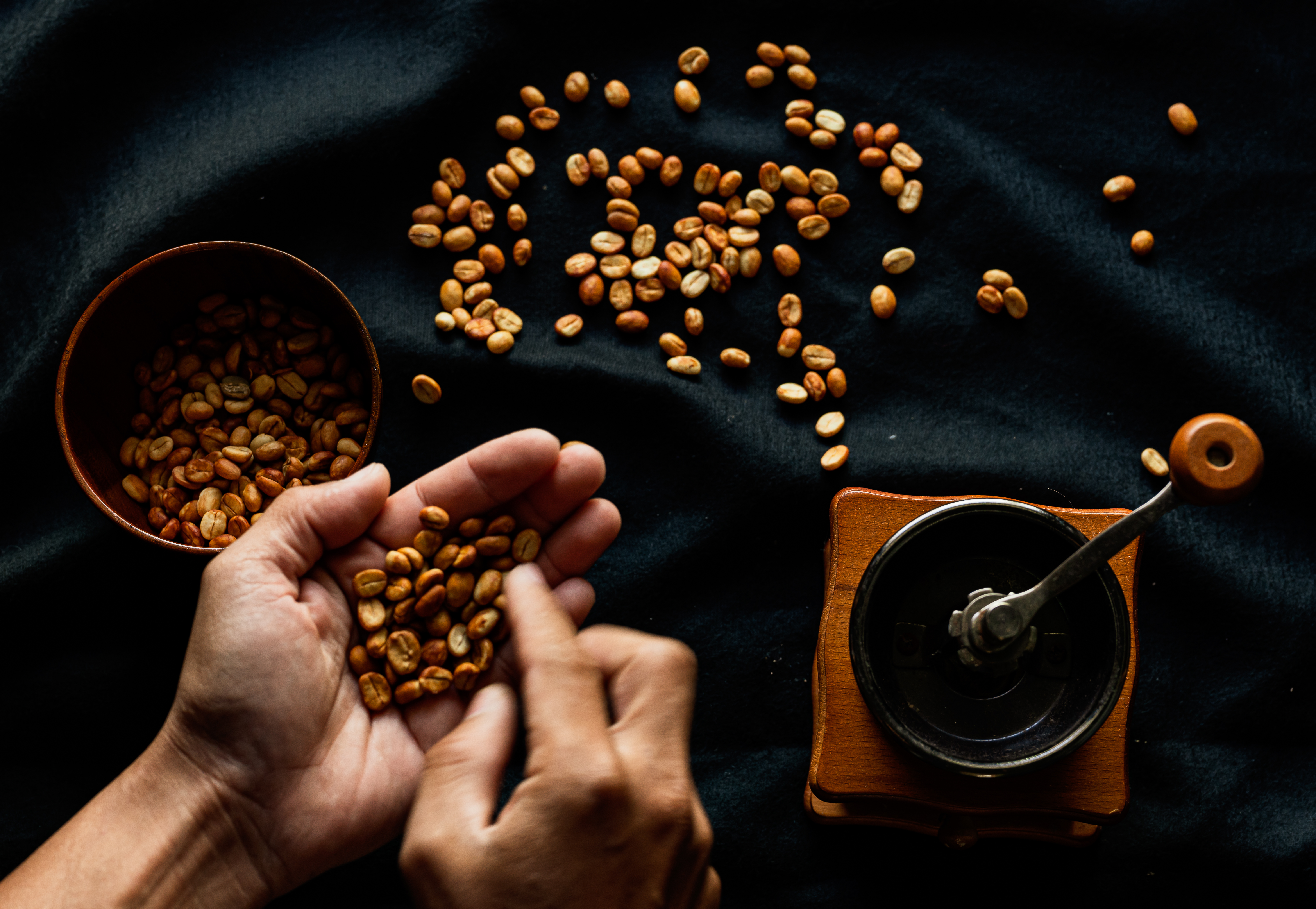 Hands holding coffee beans on table