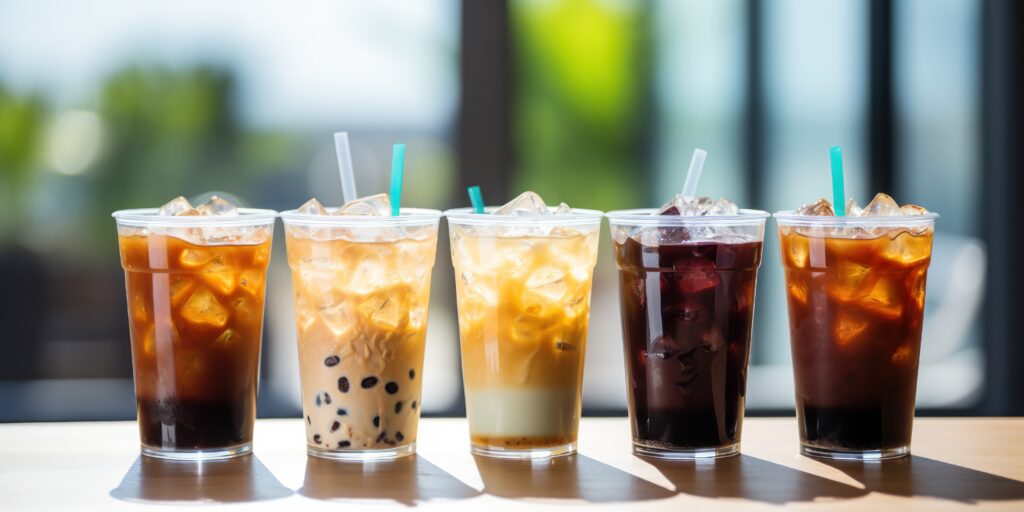 Iced coffee drinks made with hot brewed coffee and ice