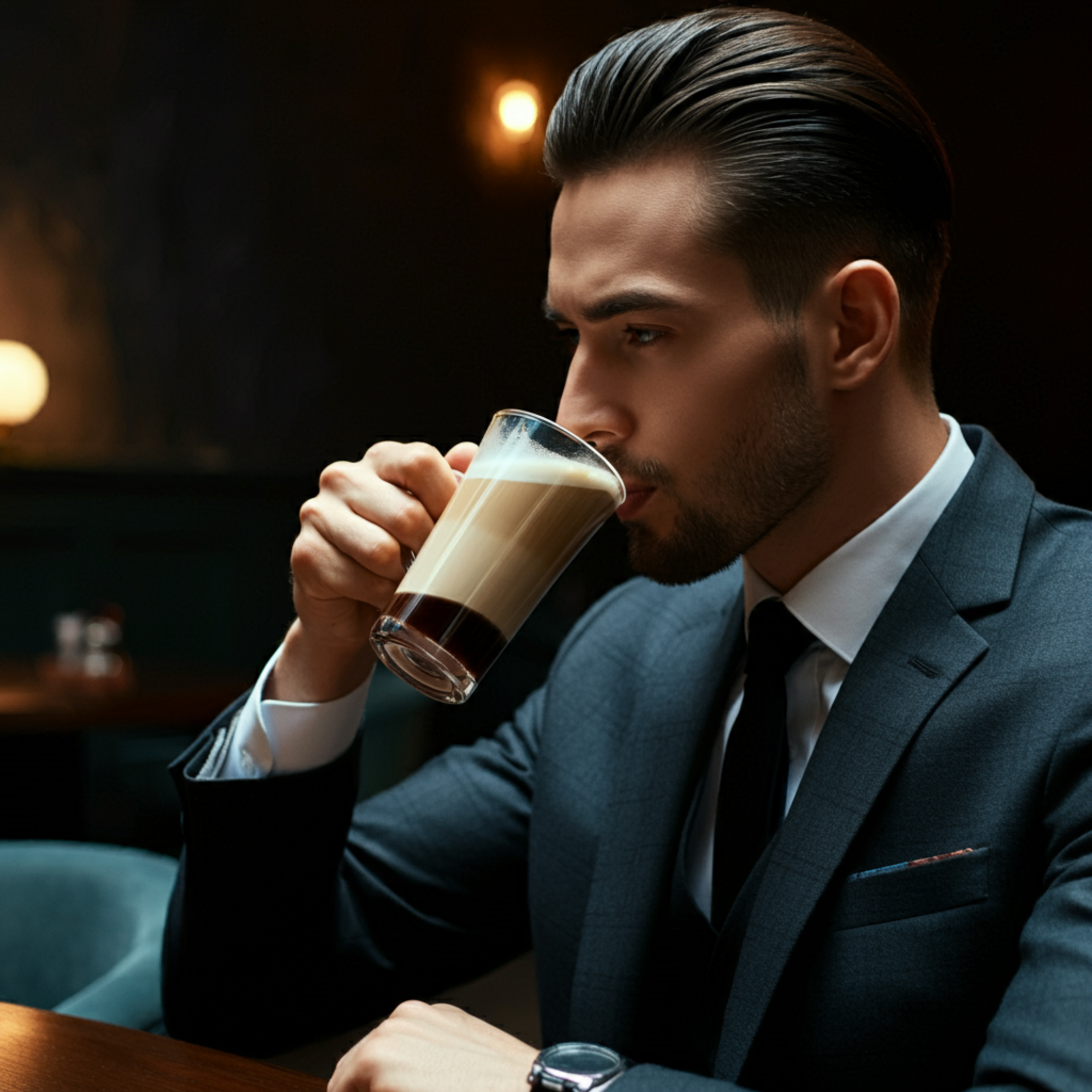 A man in a suit drinking a glass of Coffee