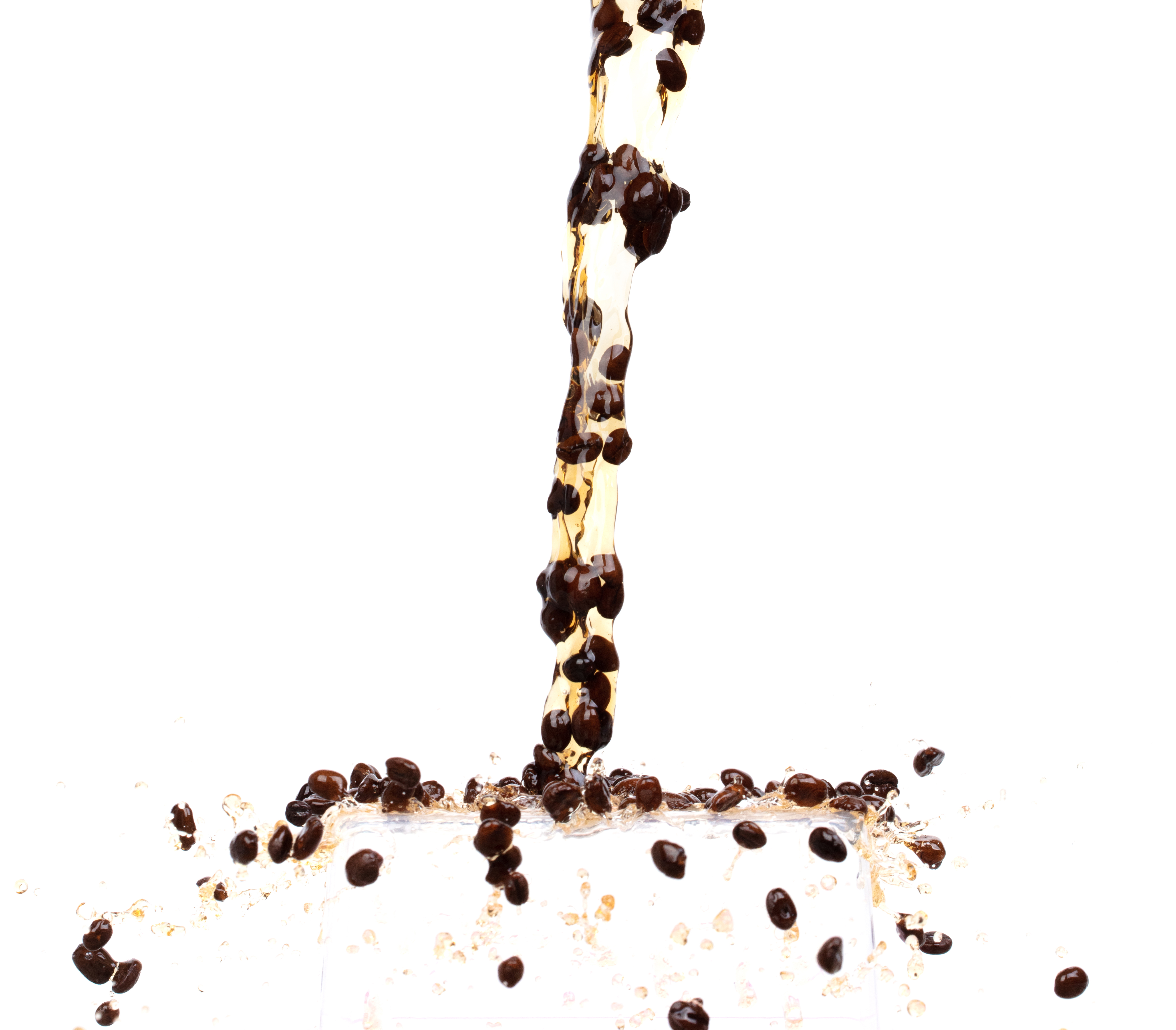 Coffee drink water mix bean seed fall pouring down form line of espresso black coffee splashes