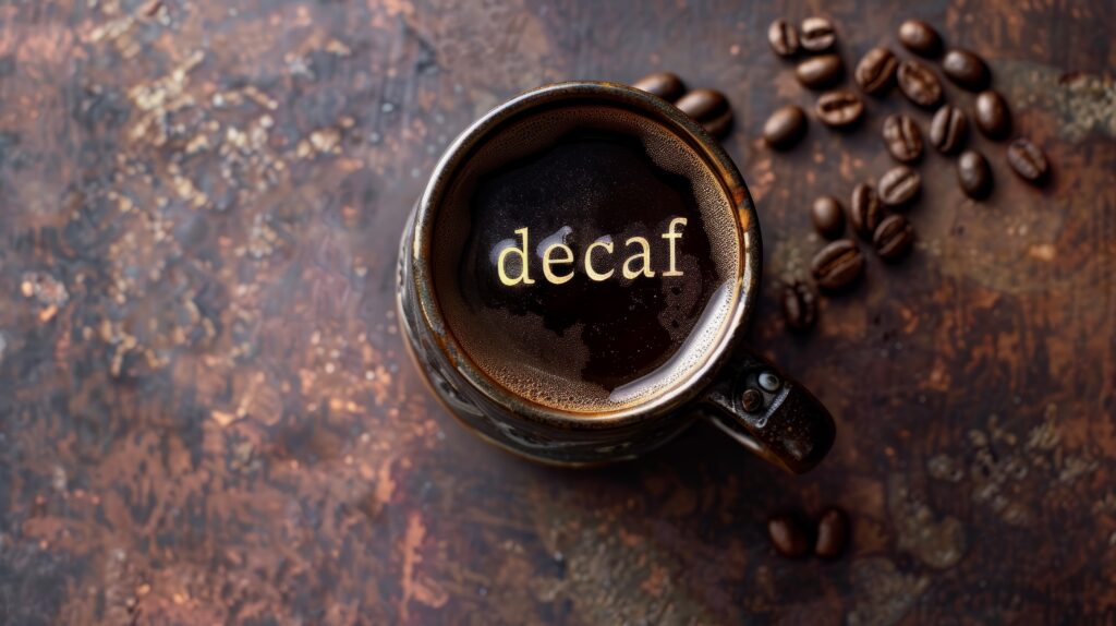 Decaf mug of decaf coffee in outdoor fall coffee shop