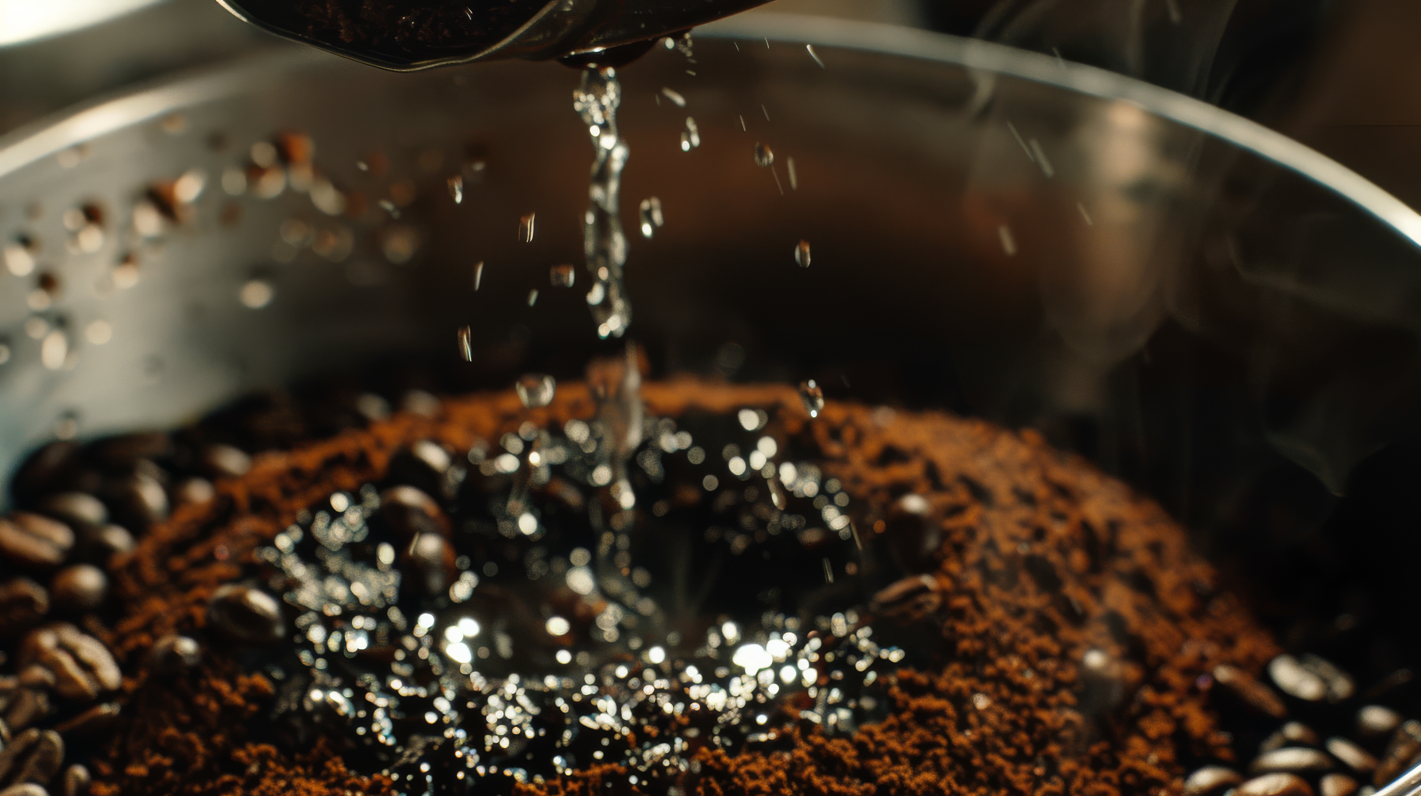 Hot water pours over ground coffee, creating aromatic steam in a close-up view.